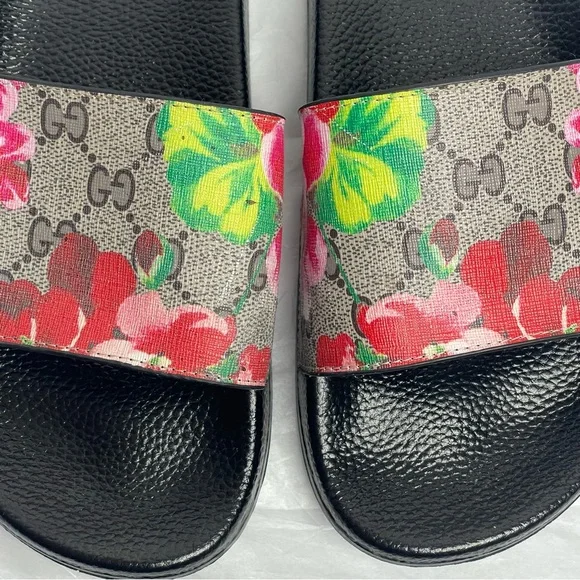 Gucci GG Supreme Blooms Floral Slides Black Pink Monogram Sandals Women’s 40 - Picture 3 of 13